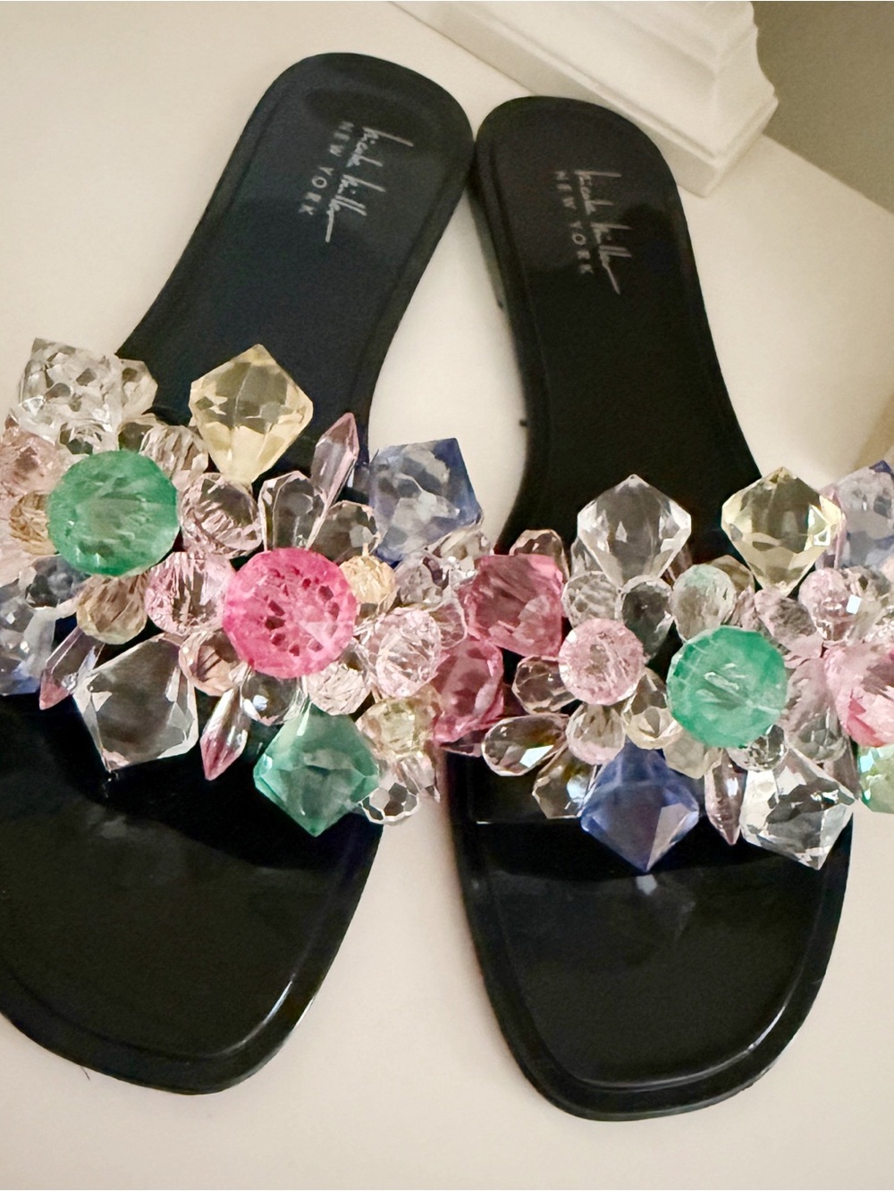 Nicole Miller Black Slide Sandals with Multicolored Crystal Flowers - Picture 2 of 3